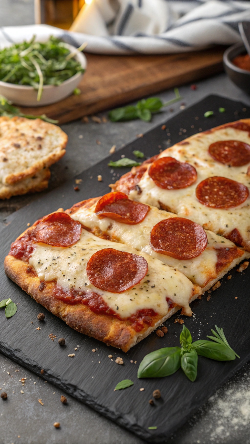 Pepperoni flatbread pizza with melted cheese and fresh basil on a slate board.