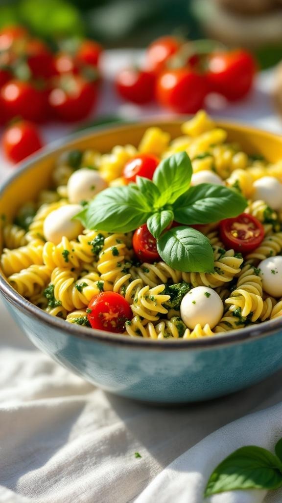 A bowl of colorful pesto pasta salad with cherry tomatoes and mozzarella balls, garnished with fresh basil.