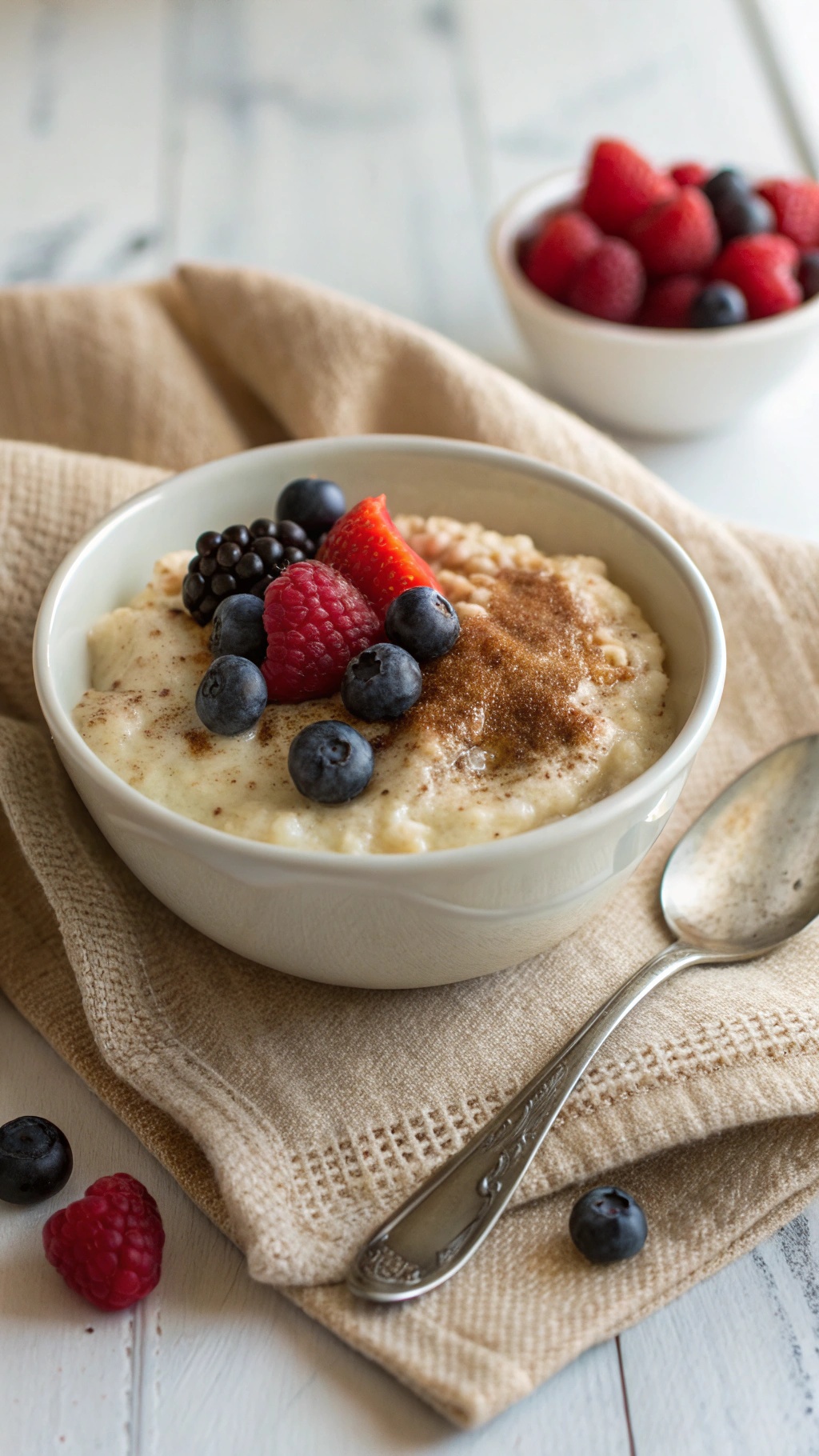 A bowl of rice pudding topped with fresh berries and cinnamon, with a spoon beside it.