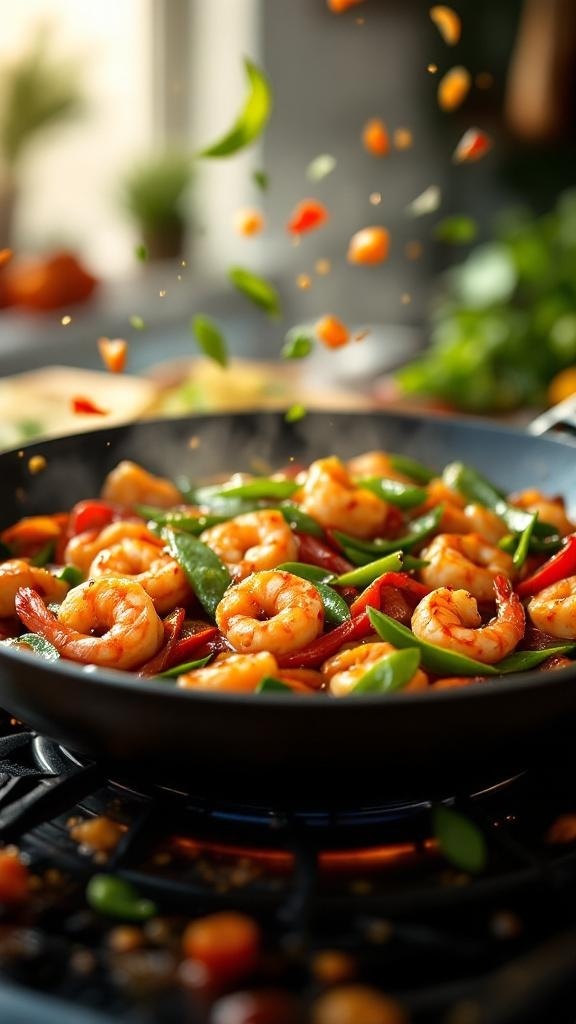 A vibrant shrimp stir-fry with colorful vegetables in a frying pan, capturing the essence of quick and easy meal prep.