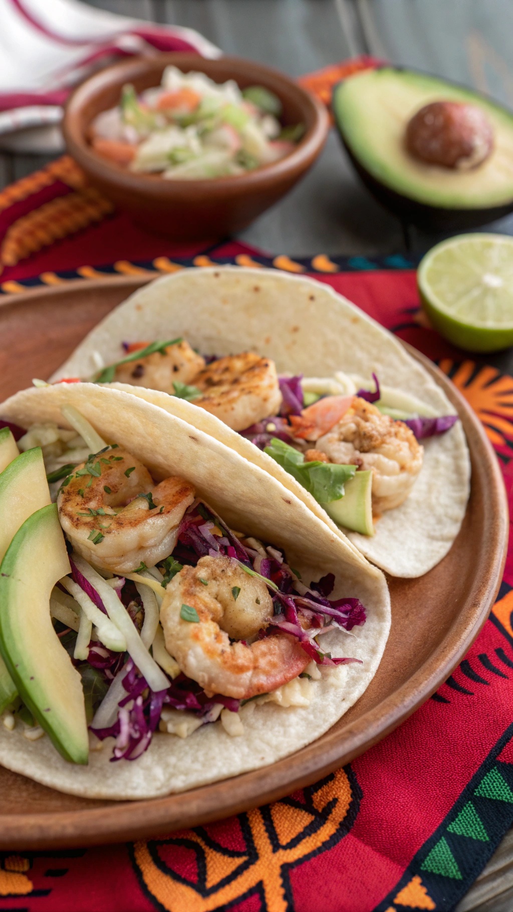 Shrimp tacos with avocado and cabbage on a colorful tablecloth
