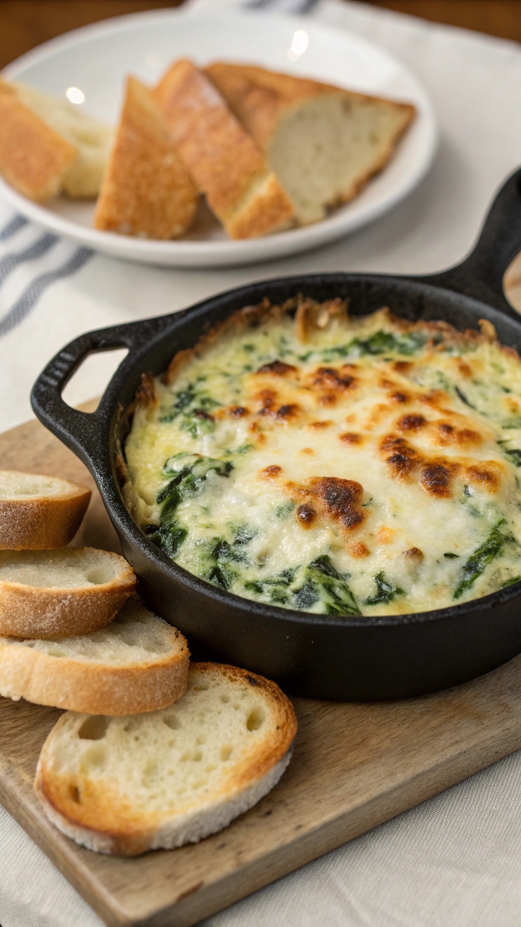 A bubbling spinach artichoke dip in a cast-iron skillet with slices of toasted bread on the side.