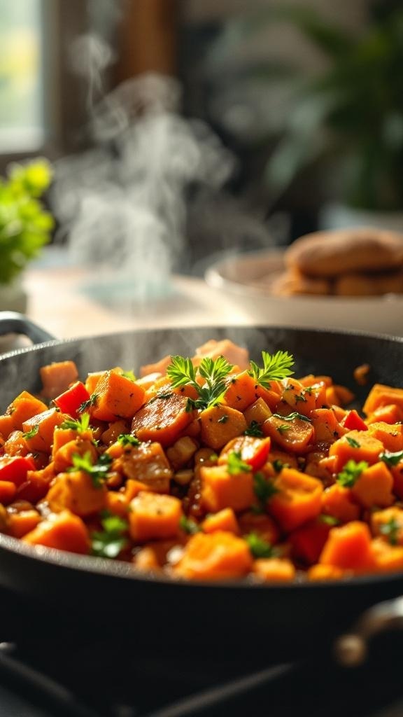 A skillet filled with colorful sweet potato hash, featuring diced sweet potatoes, bell peppers, and fresh herbs.