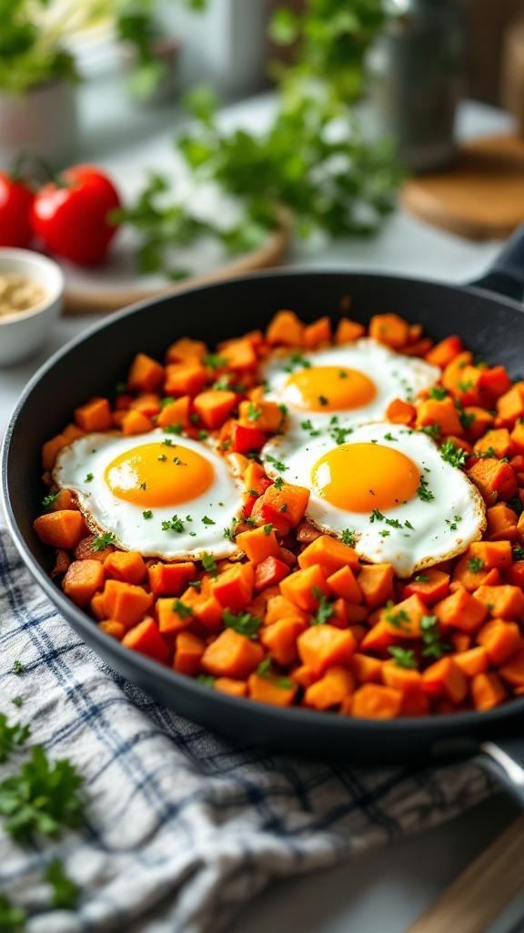A skillet filled with sweet potato hash topped with sunny-side-up eggs and garnished with parsley.