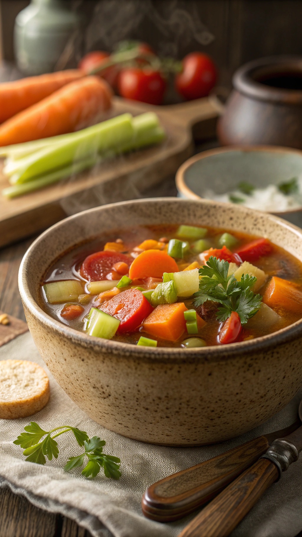 A bowl of vegetable soup with colorful vegetables and a slice of bread on the side.