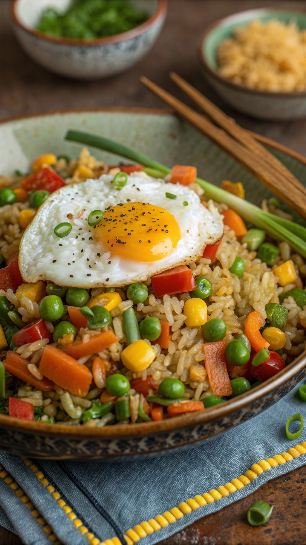 A bowl of veggie stir-fried rice topped with a fried egg and garnished with green onions.