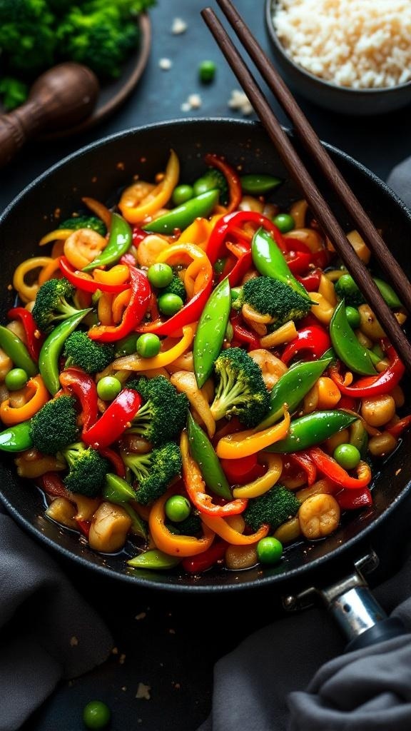 A colorful veggie stir-fry with broccoli, bell peppers, and snap peas in a skillet.