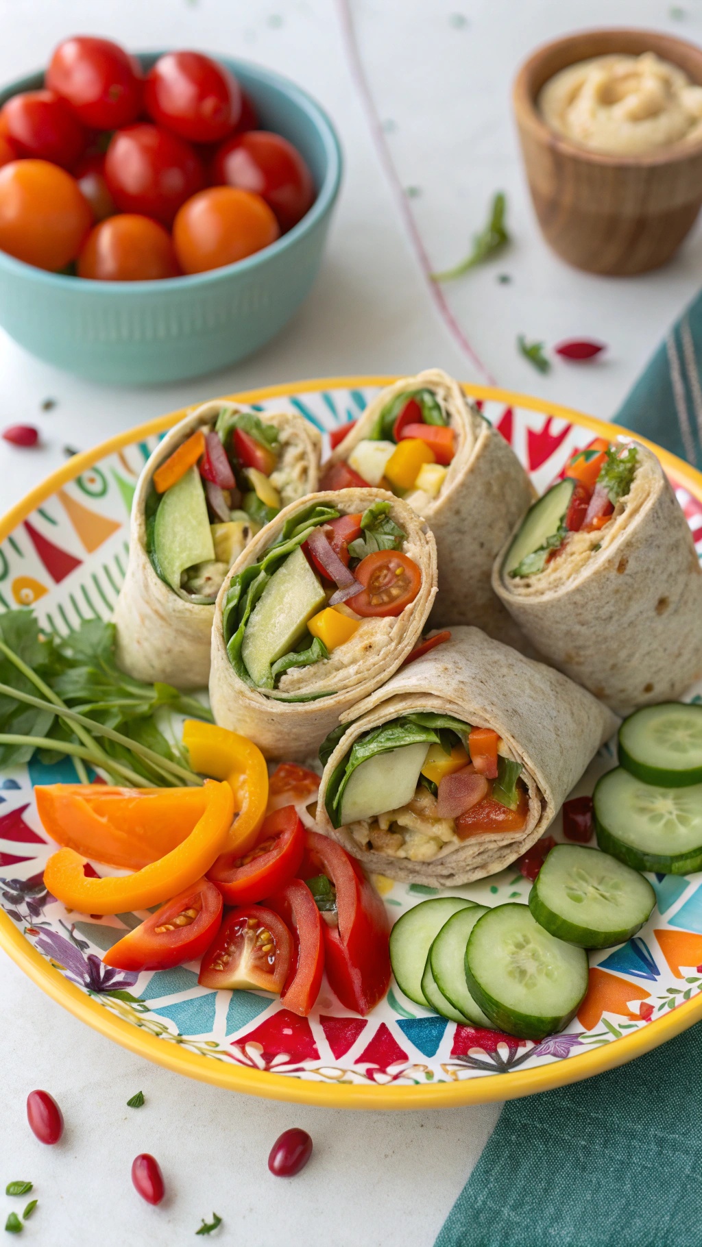 A colorful plate of veggie wraps filled with fresh vegetables, served with cherry tomatoes and cucumber slices.