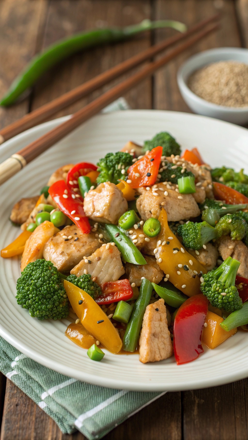 A colorful Asian-inspired keto chicken stir-fry with vegetables and sesame seeds.