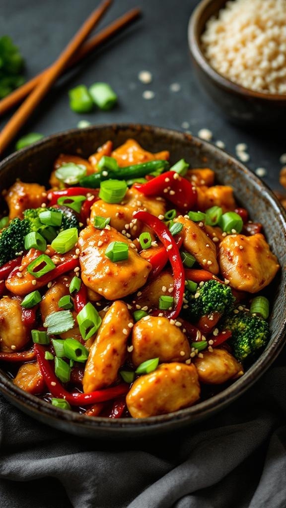 A colorful chicken stir-fry with broccoli and bell peppers, garnished with green onions and sesame seeds.