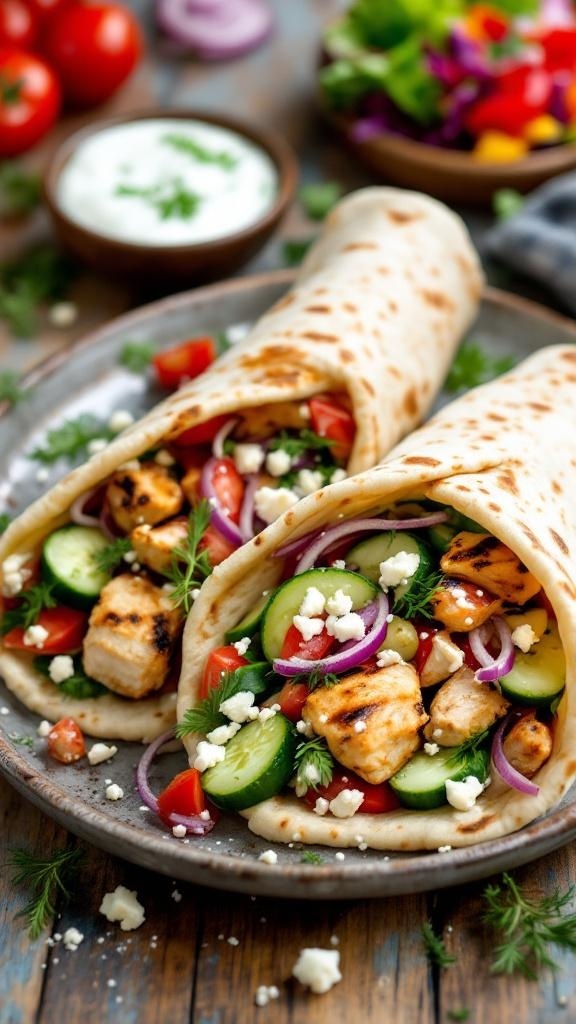 Greek chicken wraps with fresh vegetables and feta cheese on a plate