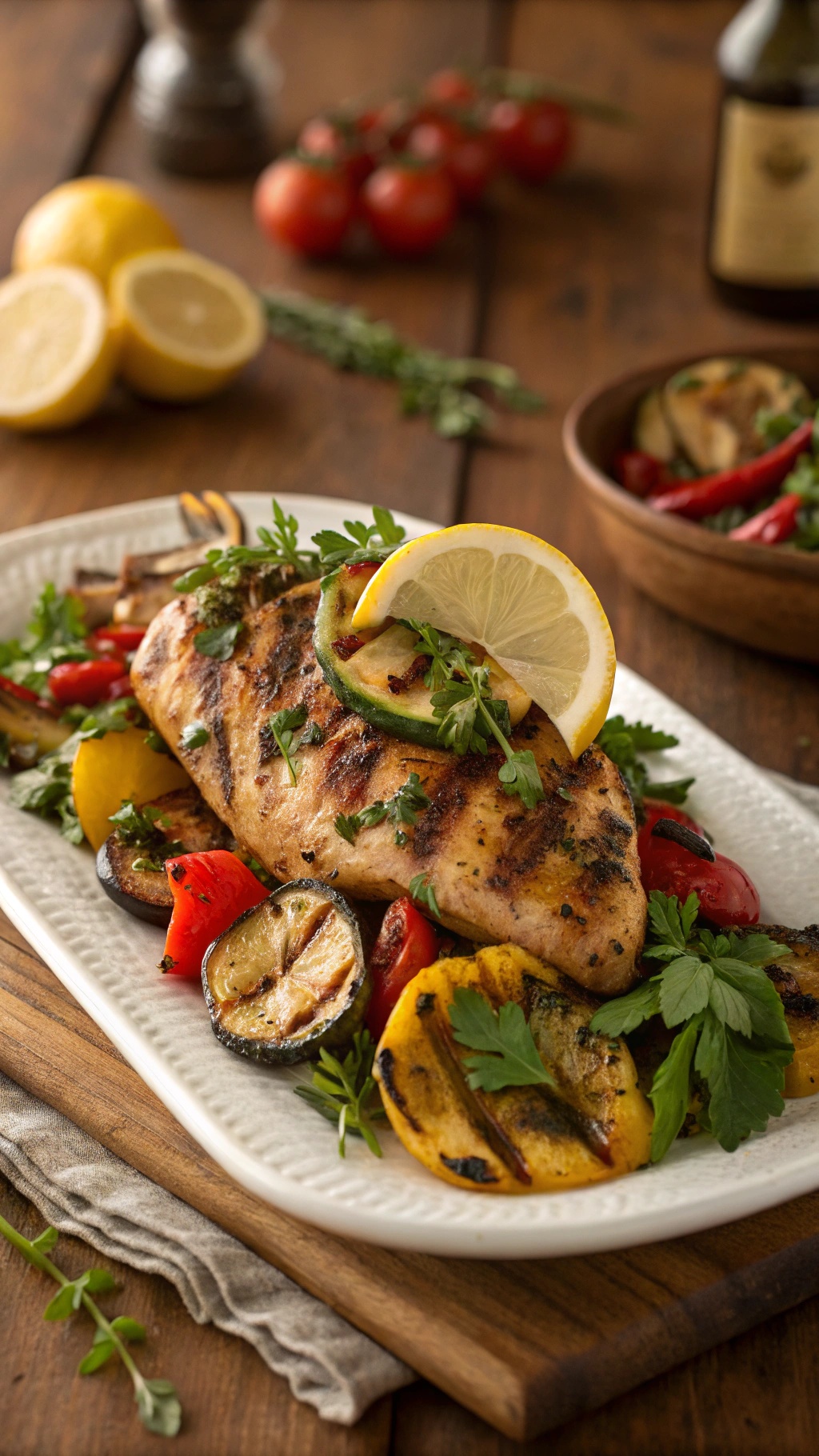Grilled lemon herb chicken with colorful vegetables on a white plate
