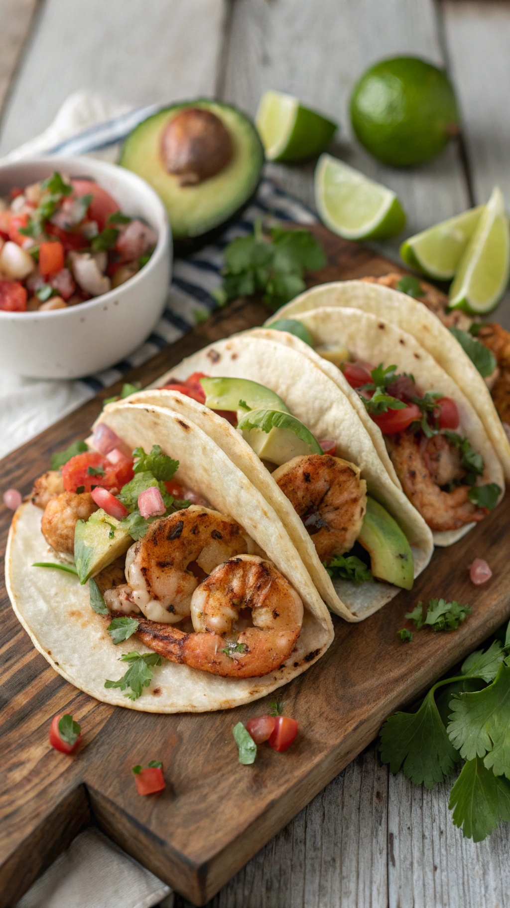 Grilled shrimp tacos with avocado and pico de gallo on a wooden board