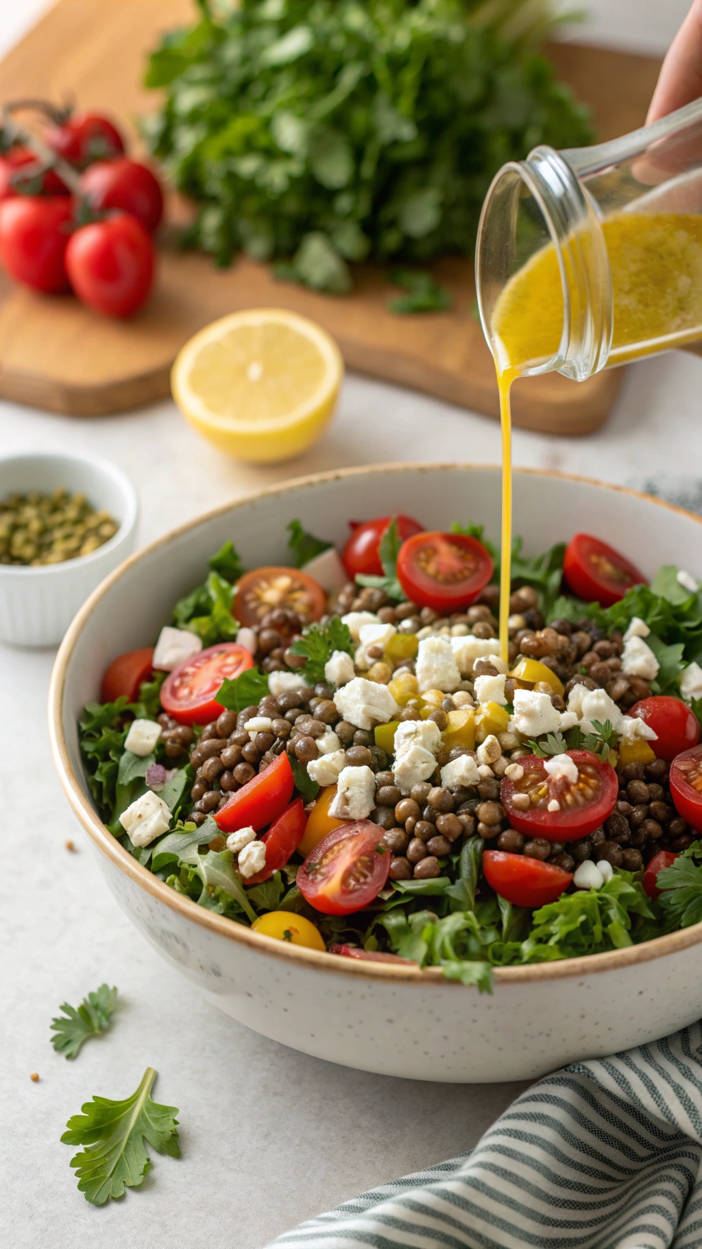 A colorful lentil salad with cherry tomatoes, greens, and feta cheese being drizzled with dressing.