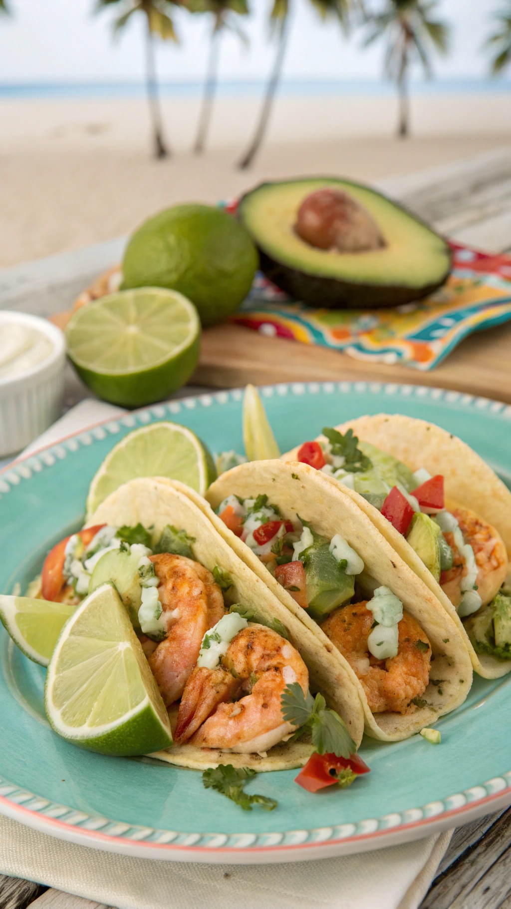 Shrimp tacos with cilantro lime sauce, avocado, and lime wedges on a colorful plate.