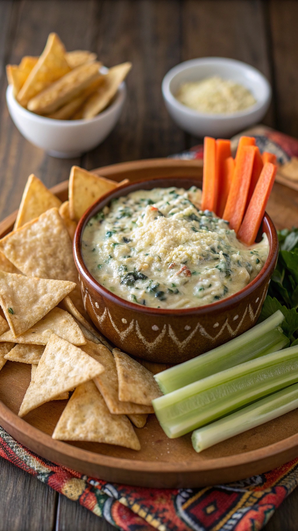A bowl of spinach artichoke dip surrounded by tortilla chips, celery, and carrot sticks.