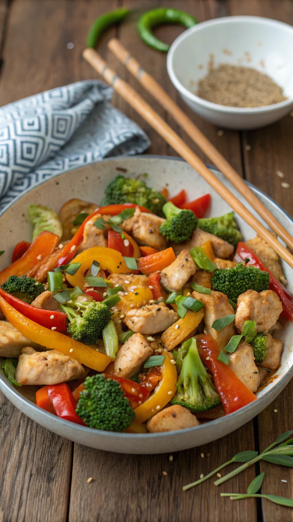 A colorful chicken stir-fry with vegetables in a bowl, garnished with sesame seeds and green onions.