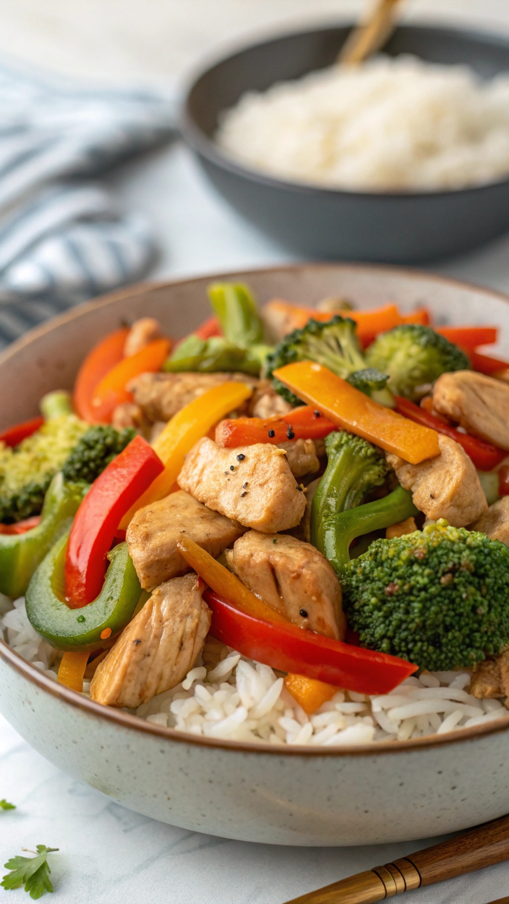 A colorful chicken stir-fry with broccoli and bell peppers served over rice.