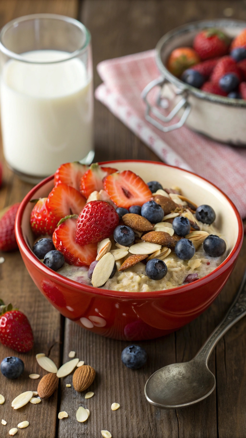A colorful breakfast bowl with oatmeal, strawberries, blueberries, and almonds.
