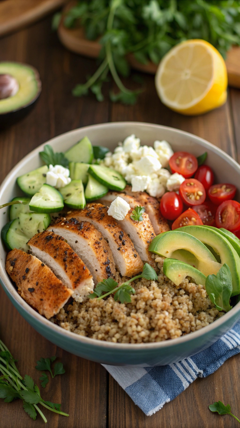 A colorful bowl of chicken quinoa with sliced chicken, cucumbers, cherry tomatoes, avocado, and feta cheese.