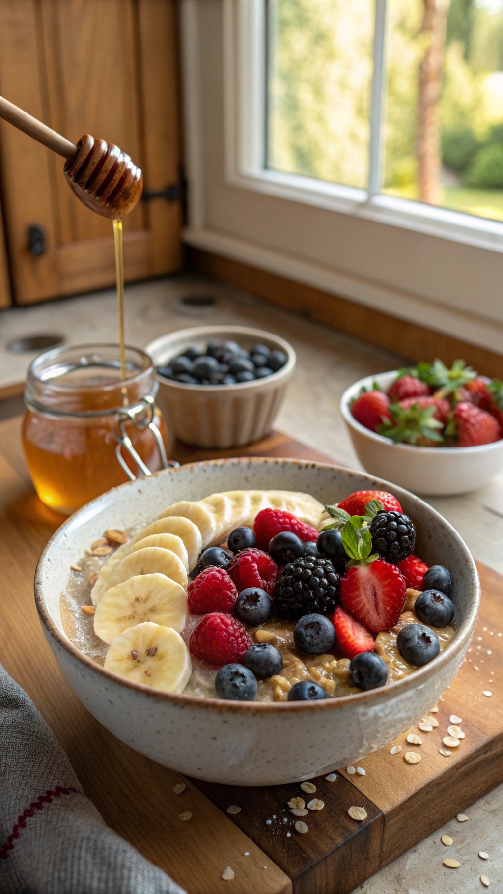 A bowl of overnight oats topped with banana slices and mixed berries, with honey drizzling from a wooden spoon.