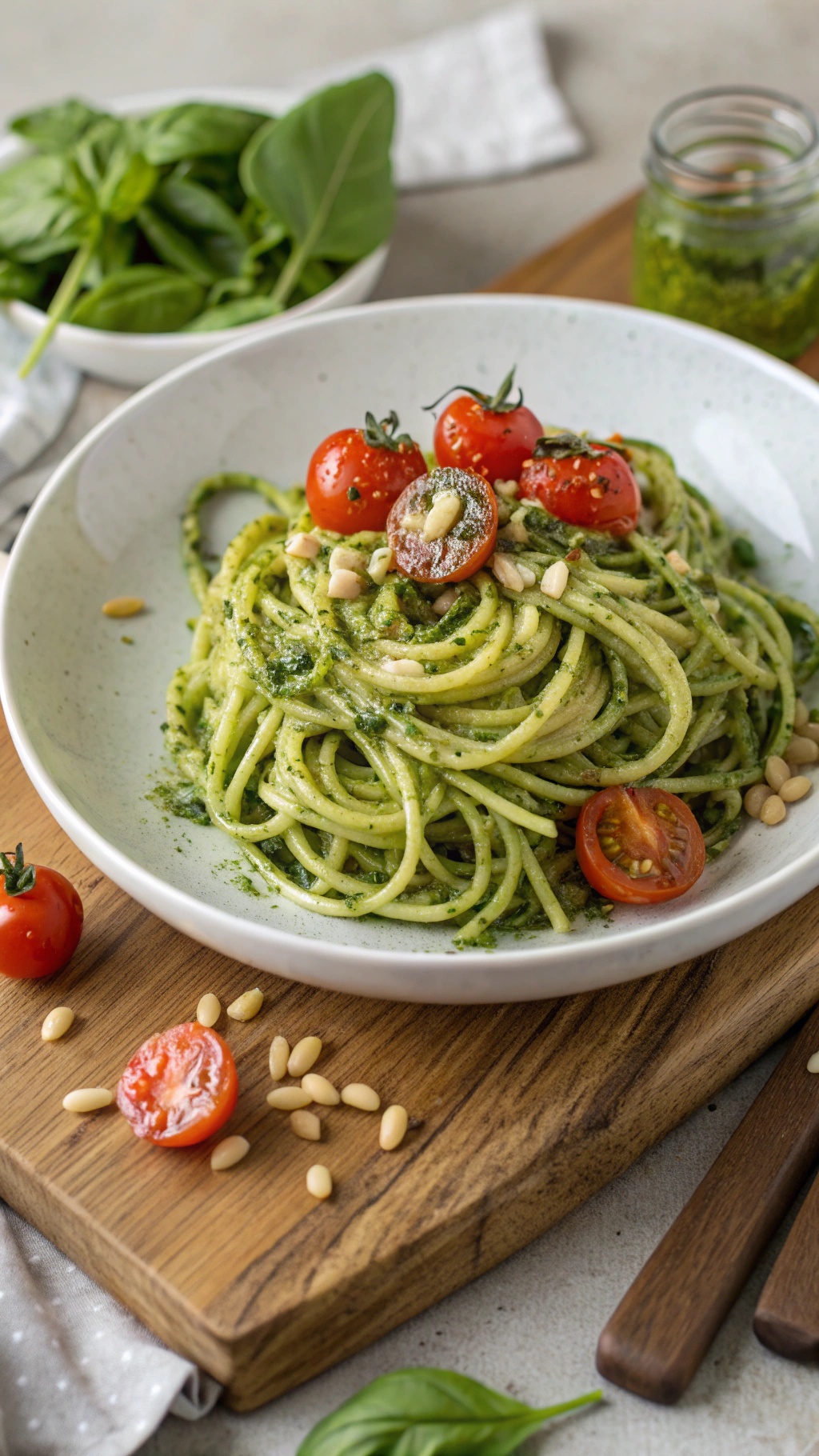 A bowl of zucchini noodles with pesto, topped with cherry tomatoes and pine nuts.
