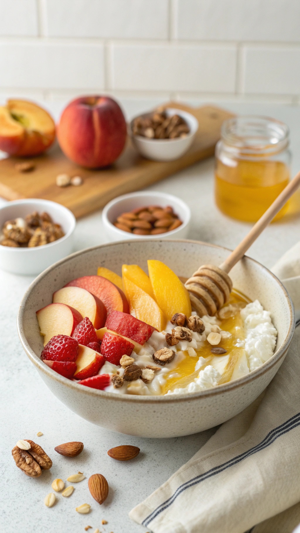 A bowl of cottage cheese topped with fresh fruits, honey, and nuts.