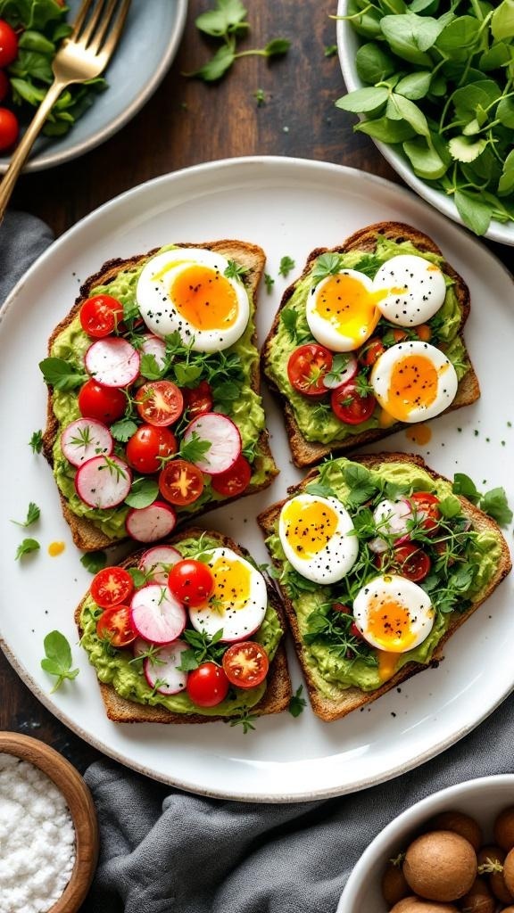 Delicious avocado toast topped with cherry tomatoes, radishes, and soft-boiled eggs on a white plate.