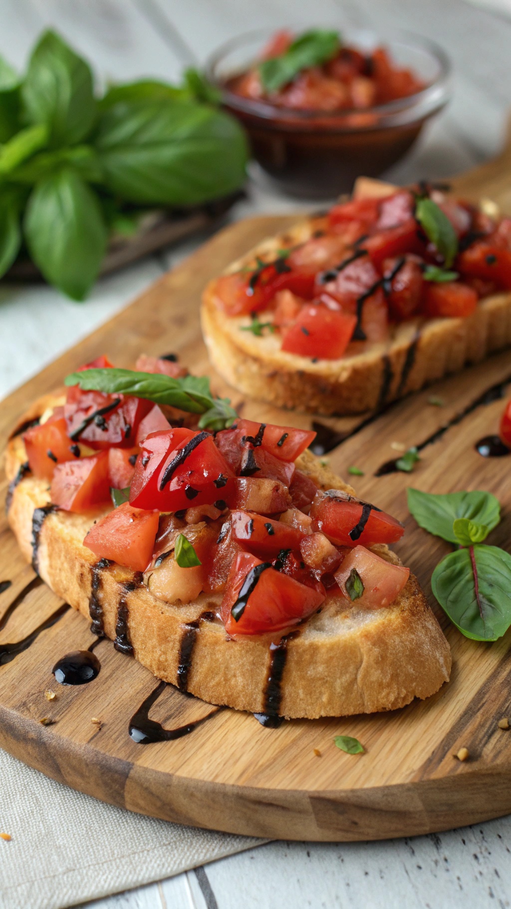 A close-up of bruschetta topped with diced tomatoes and basil on toasted bread, drizzled with balsamic glaze.