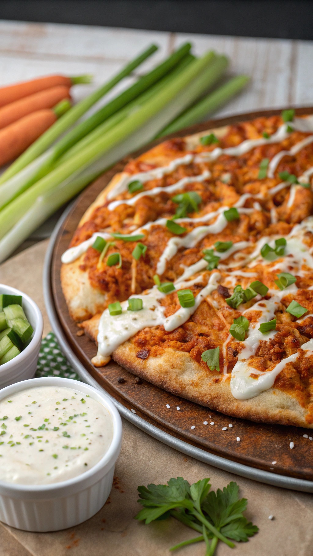 Buffalo chicken pizza with ranch dressing and green onions, served with celery and carrots
