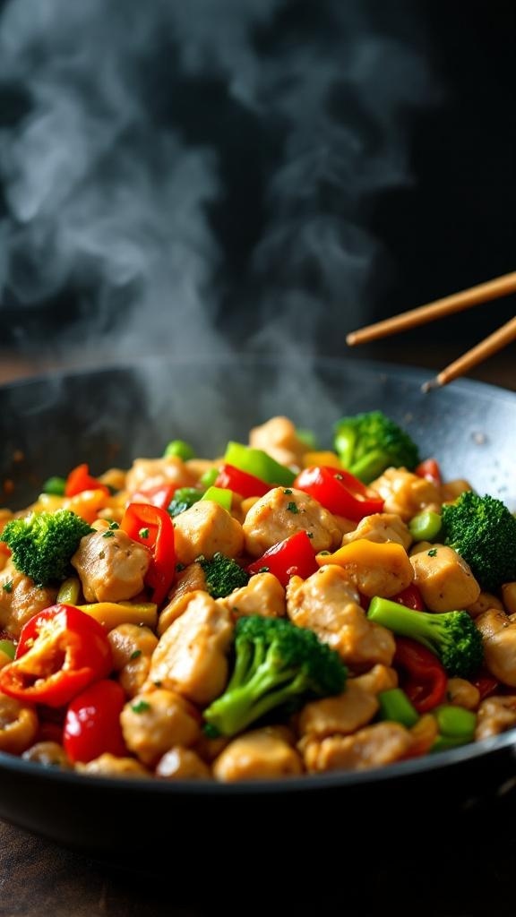 A colorful chicken stir-fry with broccoli and bell peppers in a skillet.