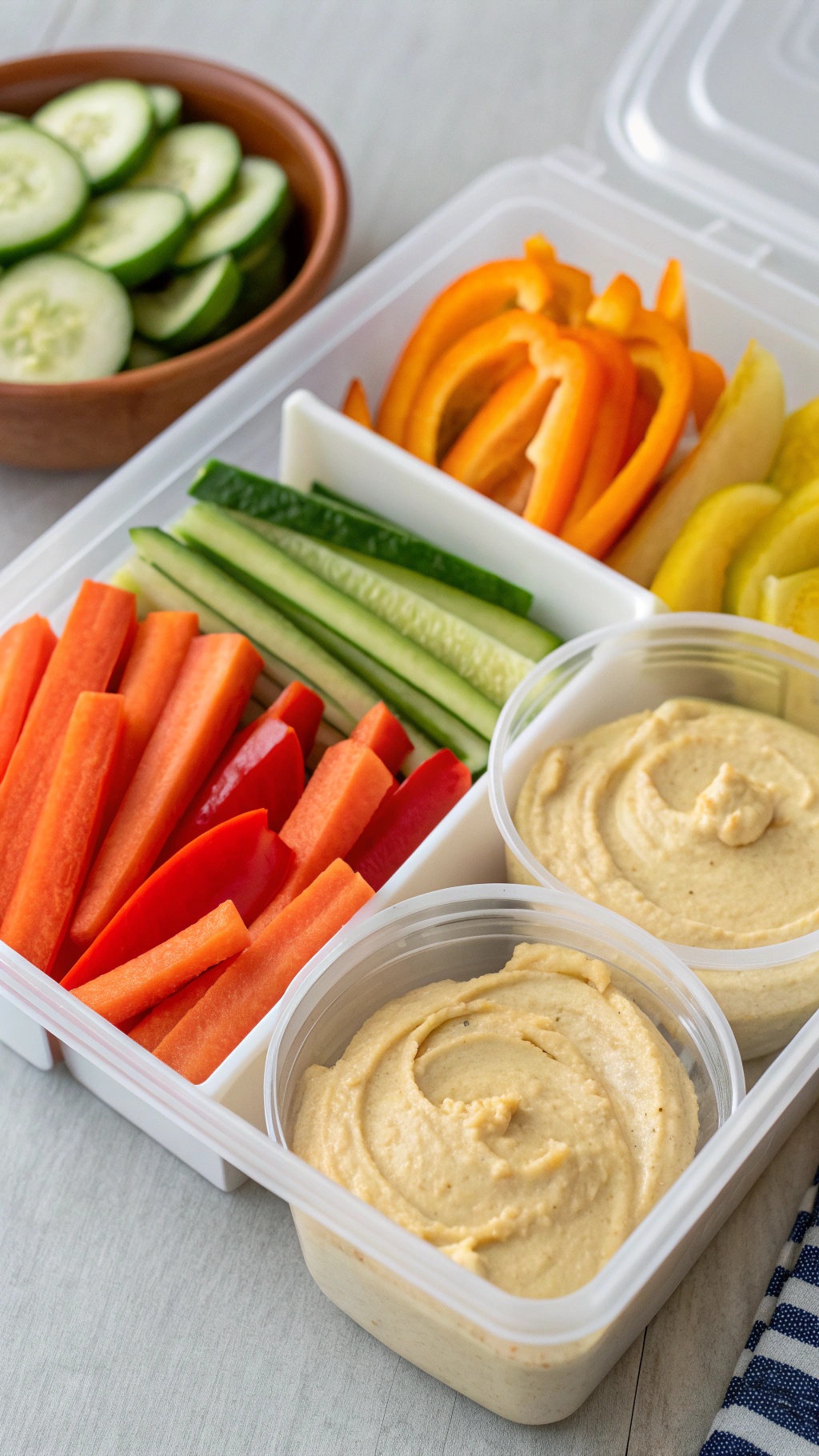 A container filled with colorful sliced vegetables and hummus for a healthy snack.