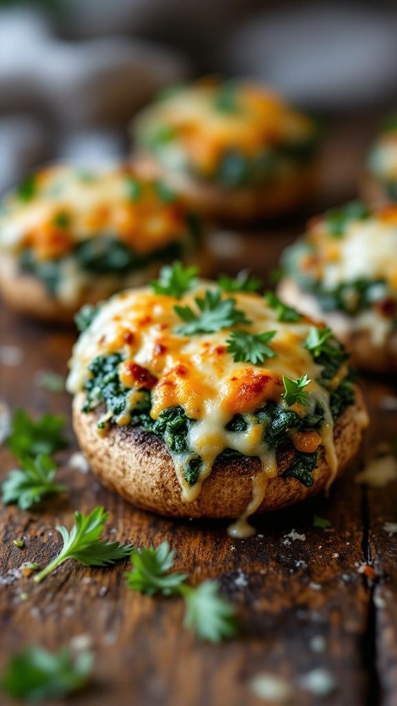 Spinach and cheese stuffed mushrooms topped with melted cheese and garnished with parsley