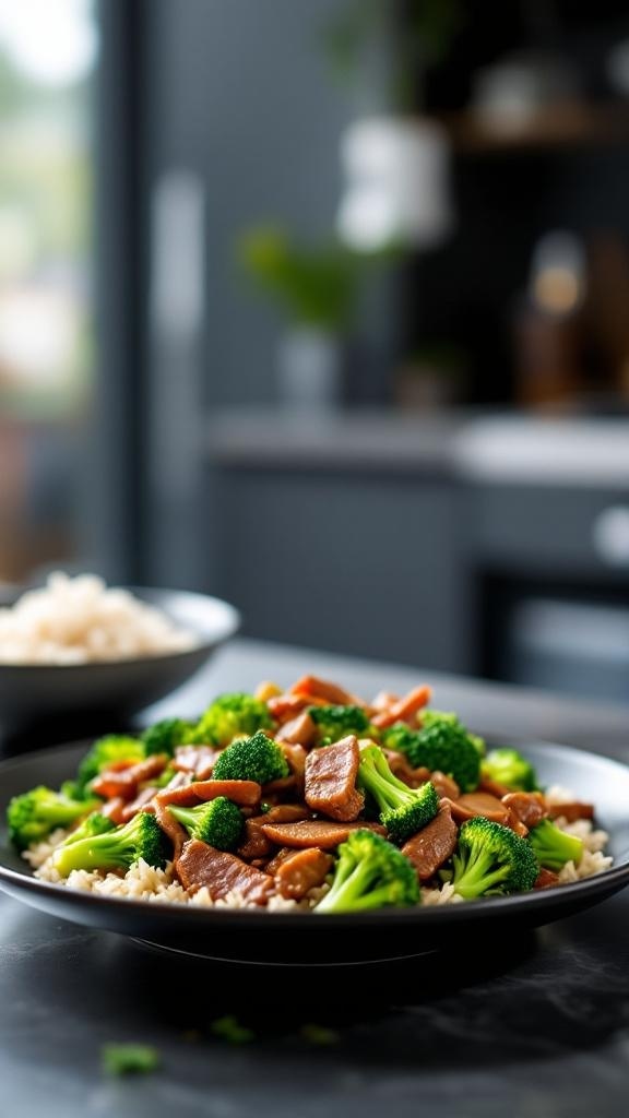 A plate of beef and broccoli stir-fry with rice, set in a cozy kitchen.