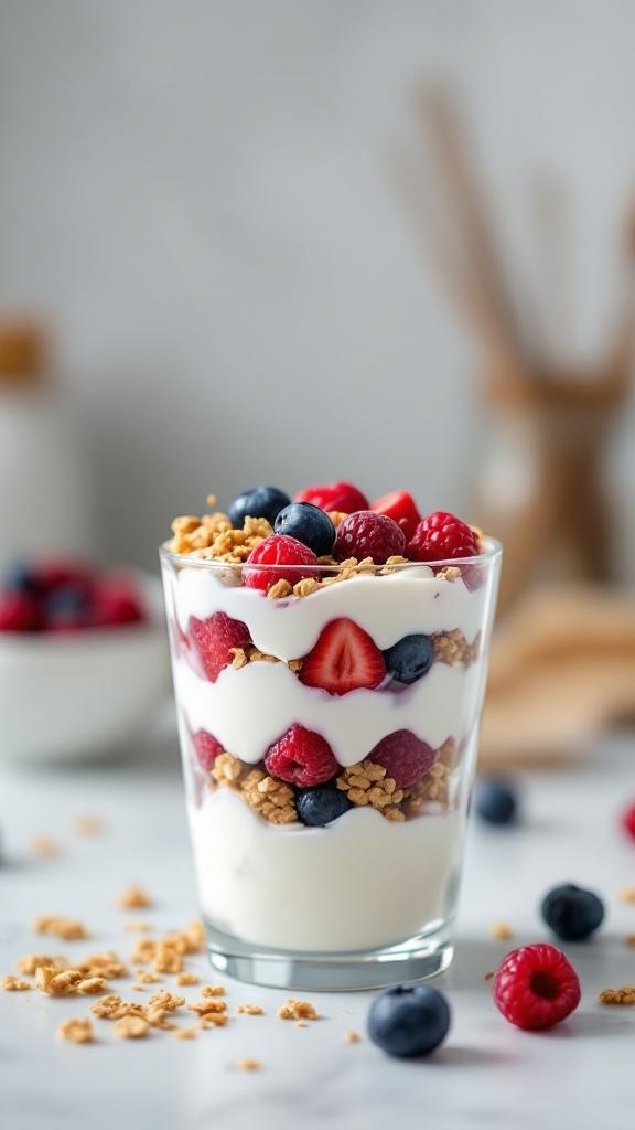 A delicious berry yogurt parfait with layers of yogurt, mixed berries, and granola in a clear glass.