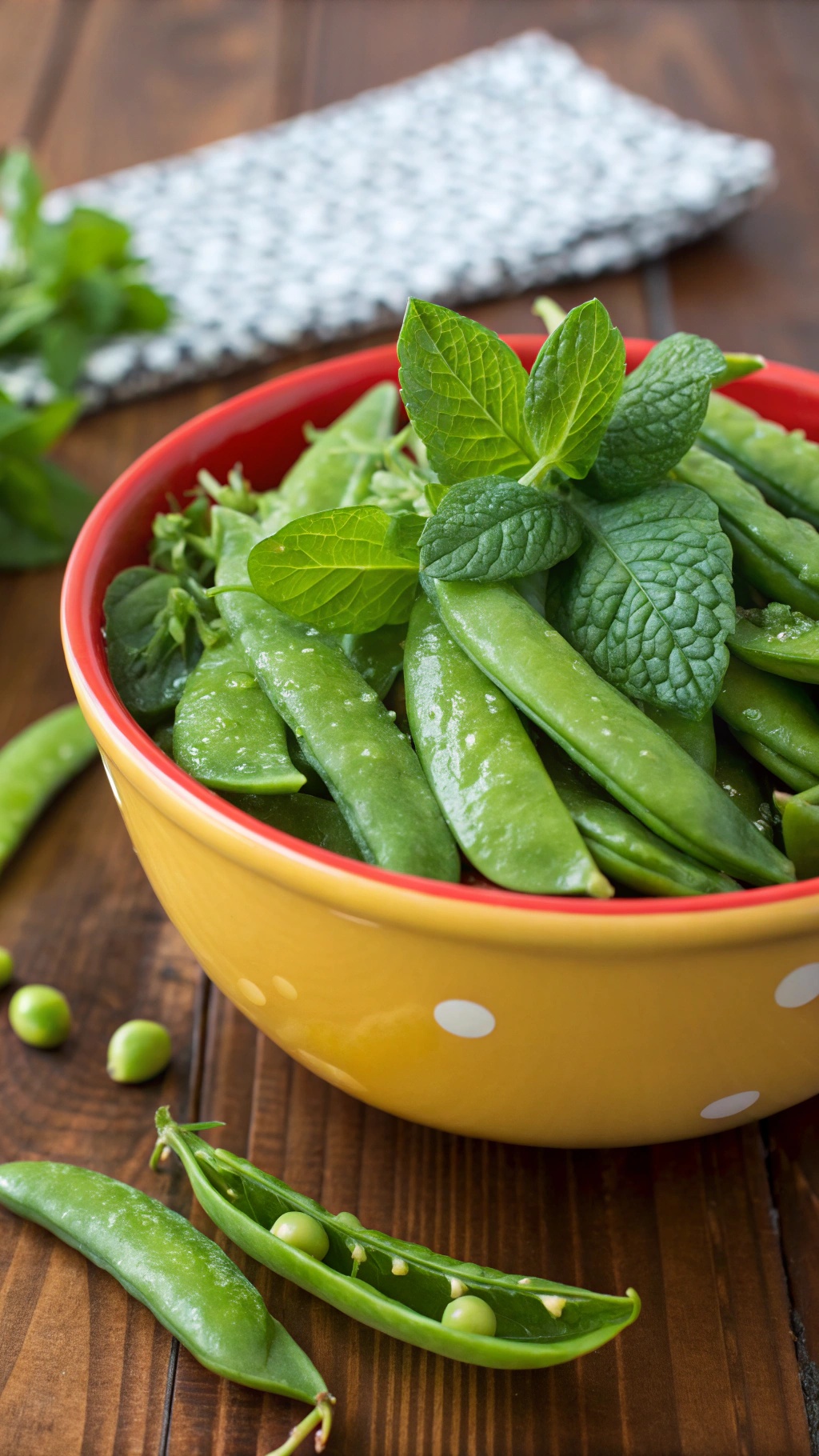 A bowl of blanched sugar snap peas topped with fresh mint leaves.