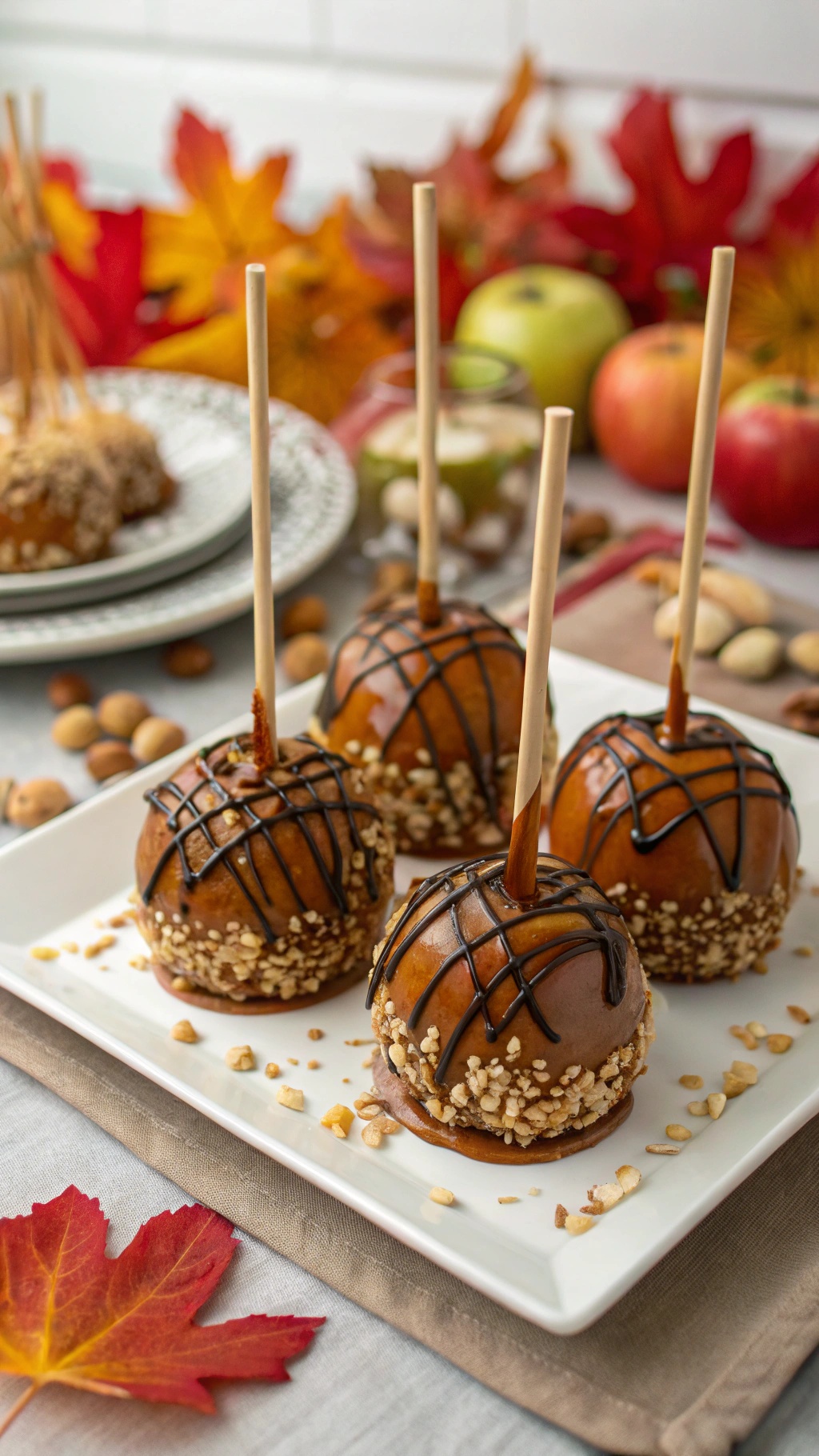 Delicious caramel apples with nuts and chocolate drizzle on a white plate, surrounded by autumn leaves and apples.