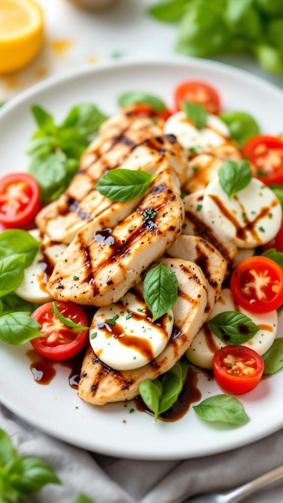 A colorful plate of Caprese salad with grilled chicken, cherry tomatoes, mozzarella, and fresh basil.