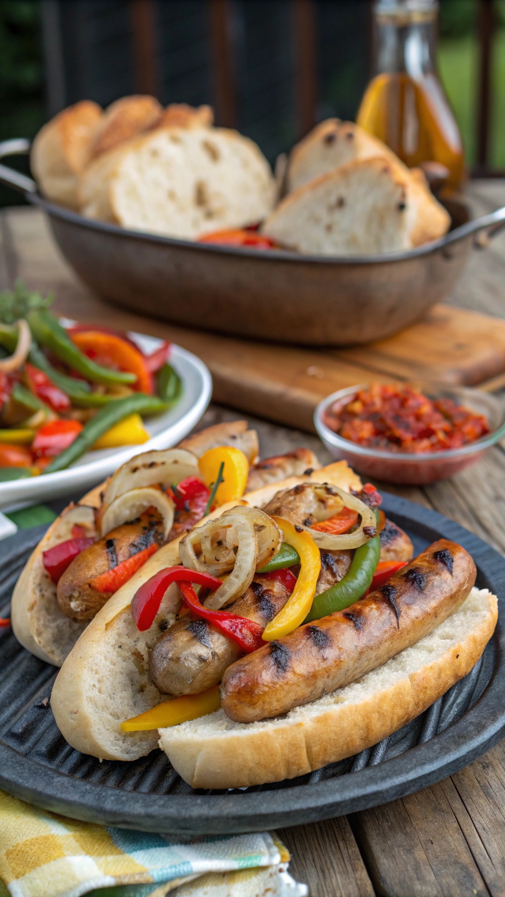 Grilled sausages with peppers and onions on a plate, with friends grilling in the background.