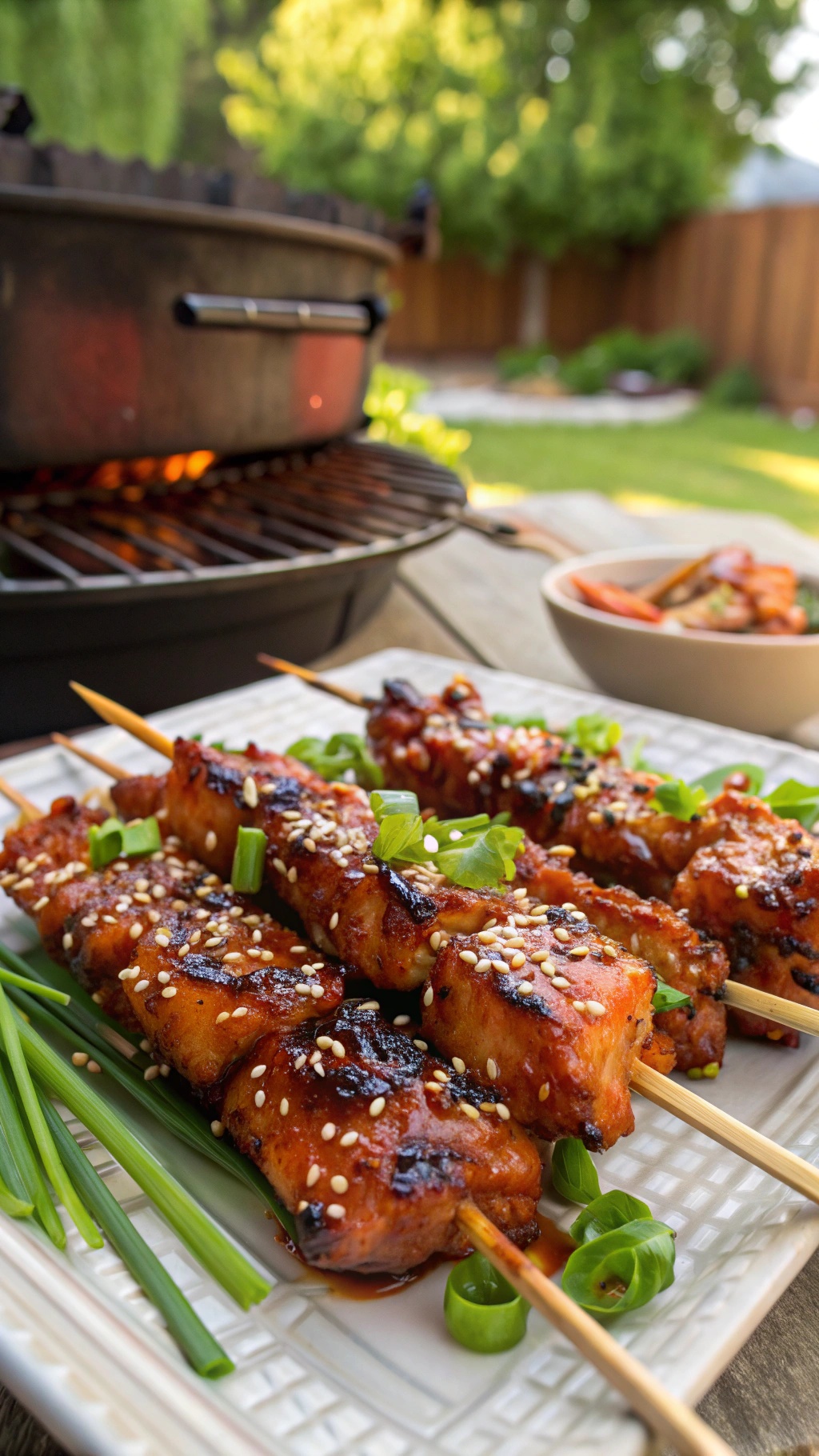 Grilled teriyaki chicken skewers with sesame seeds and green onions on a plate