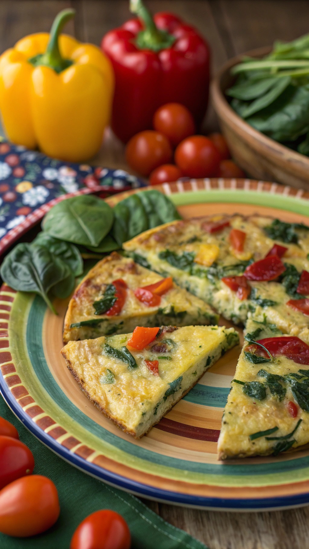 A colorful veggie-packed frittata on a plate, surrounded by fresh vegetables.