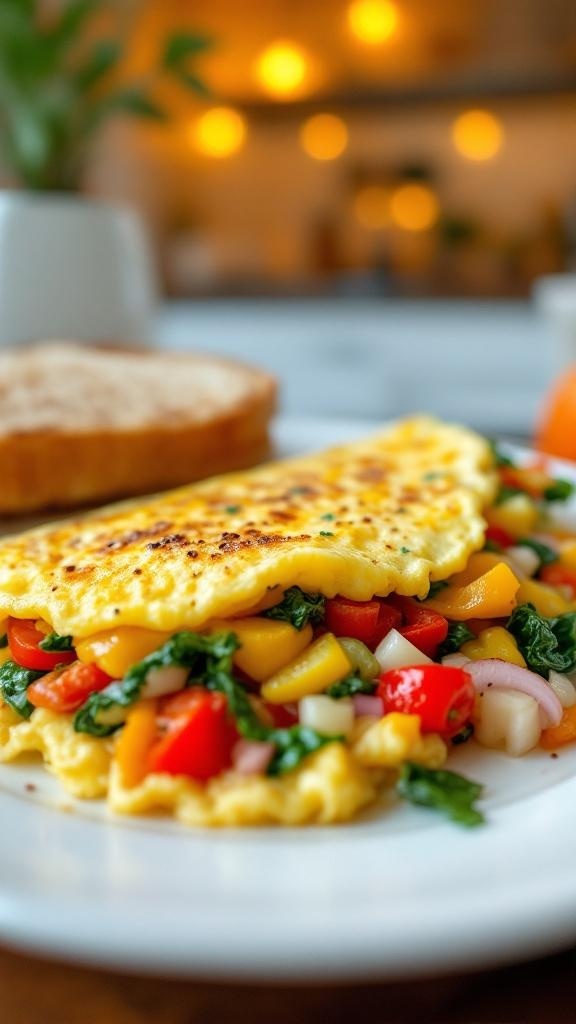A colorful veggie omelette filled with peppers and spinach, served with toast and an orange.