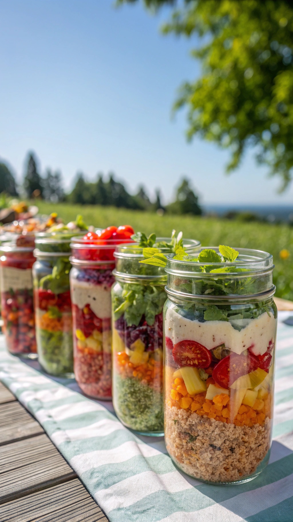 Colorful quinoa salad jars filled with fresh vegetables and herbs, perfect for a nutritious work snack.