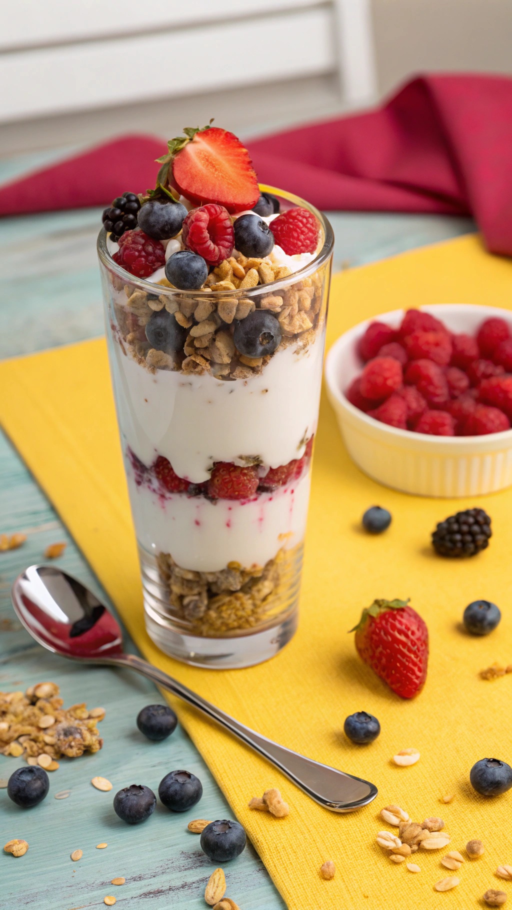 A colorful fruit and yogurt parfait in a glass, layered with yogurt, berries, and granola.