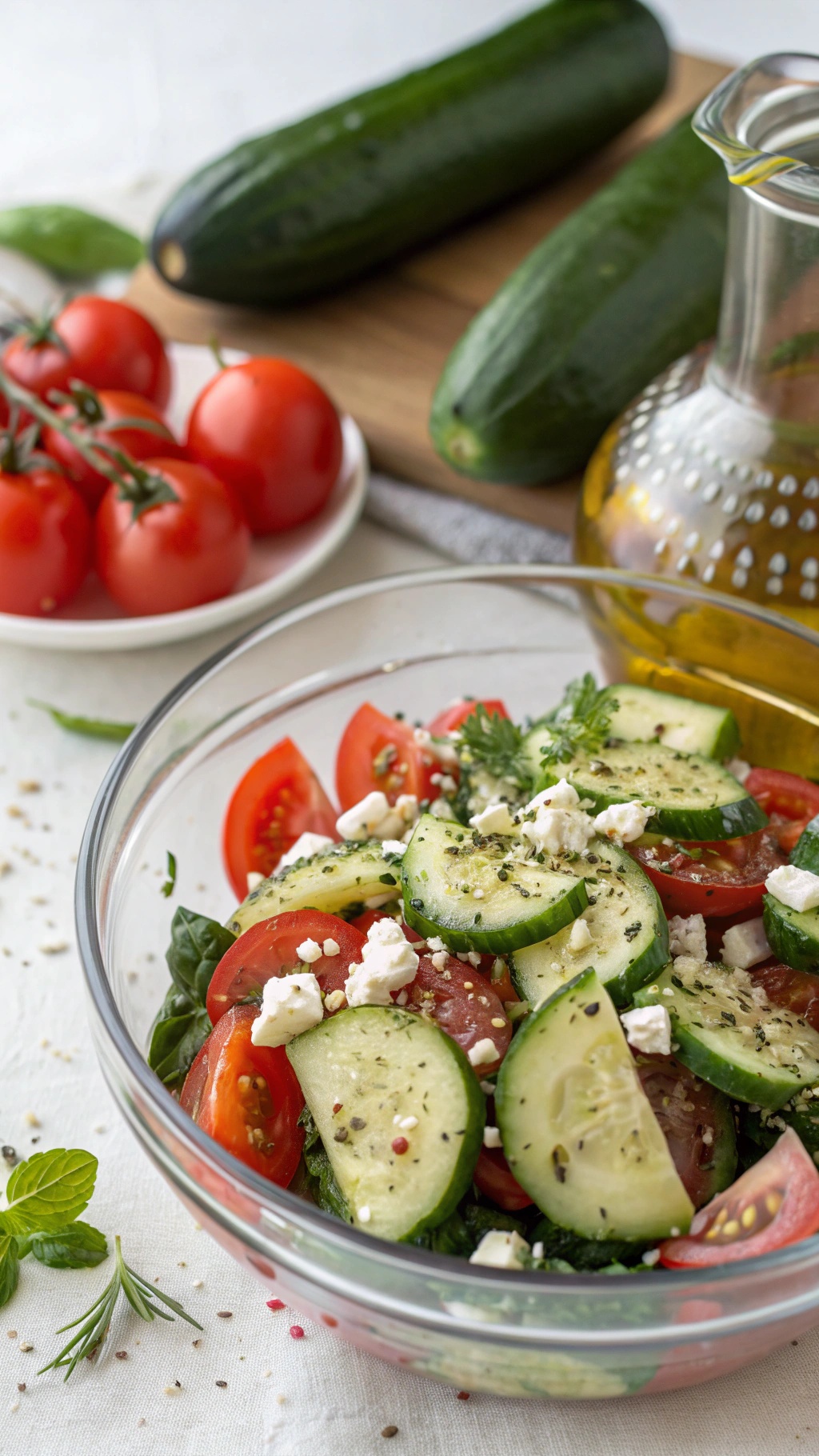 A refreshing cucumber and tomato salad with feta cheese, garnished with herbs.