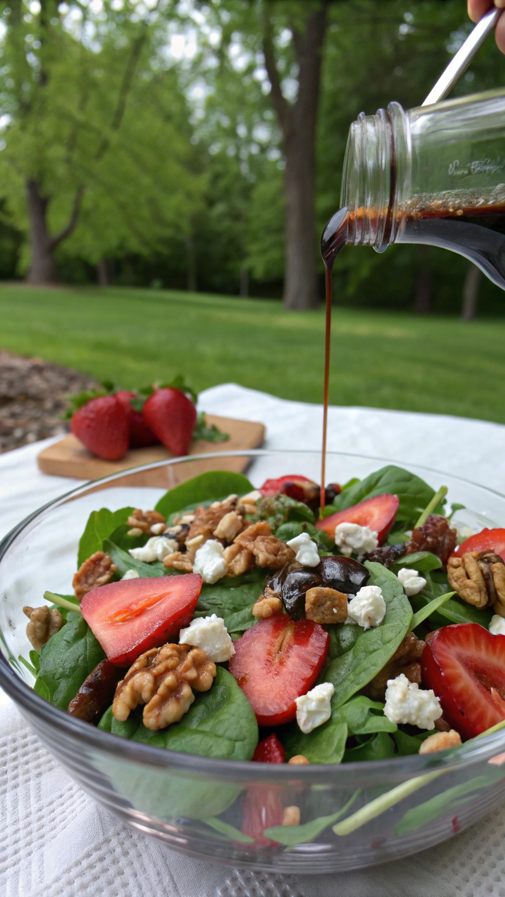 A fresh spinach and strawberry salad with walnuts and feta cheese, being drizzled with balsamic dressing.
