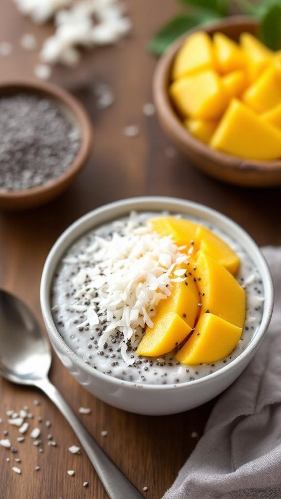 A bowl of coconut chia pudding topped with mango slices and shredded coconut, with chia seeds and mango in the background.