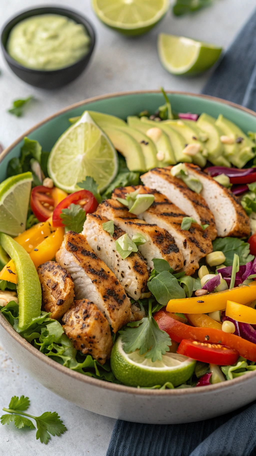A vibrant Lime Cilantro Chicken Salad with grilled chicken, fresh vegetables, and lime wedges.