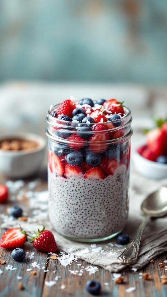 A jar of berry chia seed pudding topped with strawberries and blueberries, surrounded by fresh berries and coconut flakes.