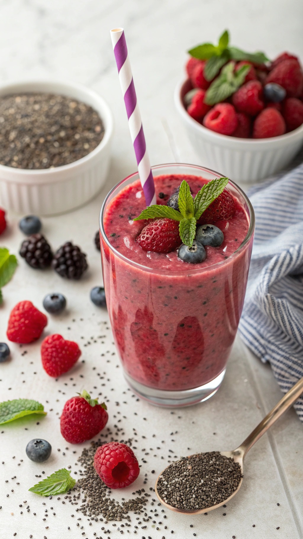 A refreshing berry chia smoothie topped with fresh berries and mint, surrounded by chia seeds and more berries.